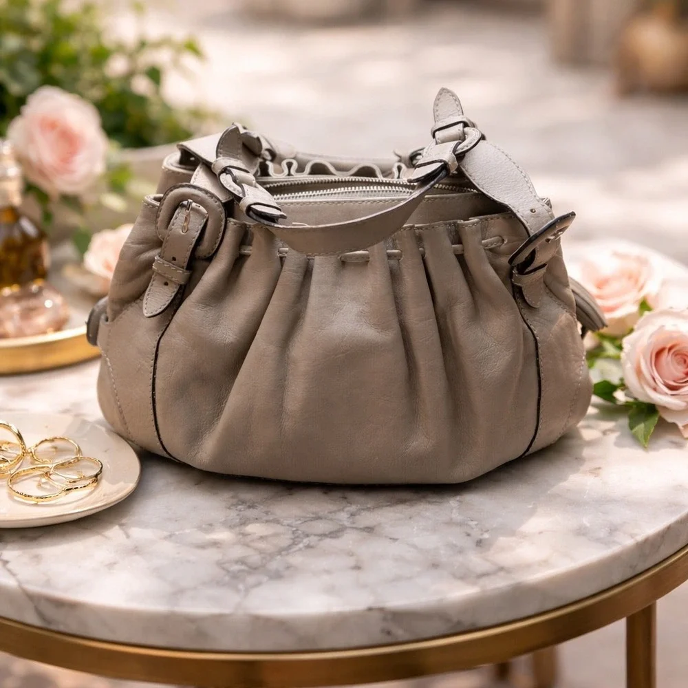 Le Tanneur Grey Leather‎ Pleated Ruffle Handbag Multi Compartment Satchel Bag